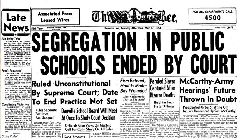Newspaper Article, "Segregation In Public Schools Ended By Court," May 17, 1954