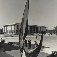 Webb Center as Viewed from the Free-Form Sculpture at Kaufman Hall
